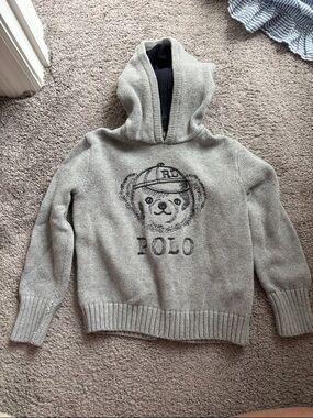 Ralph Lauren Hooded Sweater in Light Gray with Navy Lining